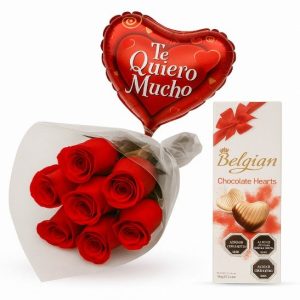 Ramo de Rosas Rojas con Globo Te Quiero Mucho y Chocolates Belgian