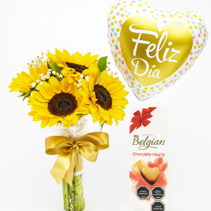 Ramo de Girasoles con Globo Feliz Día y Chocolates Belgian
